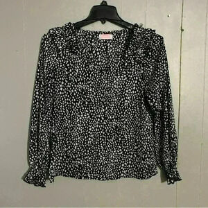 C+D+M Black And White  Long Sleeve Blouse M Ruffle Neck
